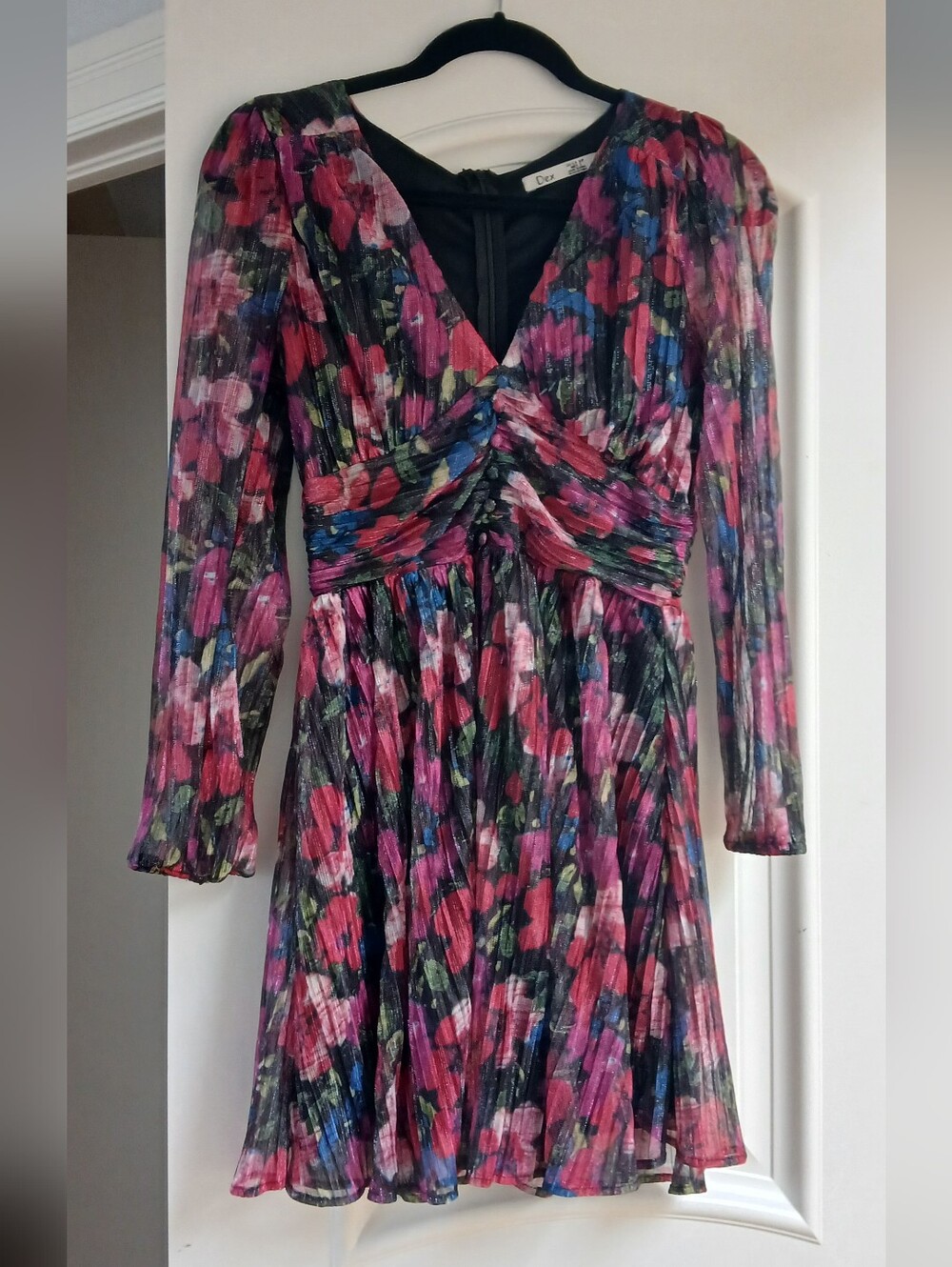 Dex Pink Multi Floral V-Neck Long Sleeve Pleated Dress